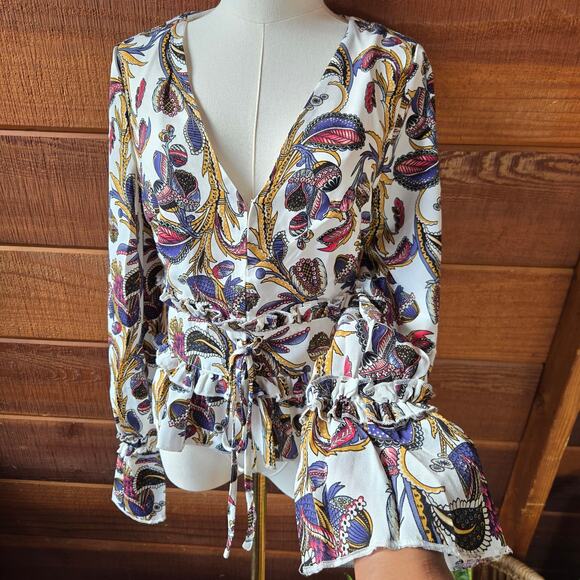 Franco Womens Paisley Floral Hippie Boho Belted Peplum Bell Sleeve Blouse Size M - Picture 2 of 12